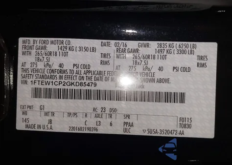 2016 Ford F-150 Xlt z USA, uszkodzony, nr VIN 1FTEW1CP2GKD85479